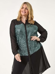 Roman Green Curve Sequin V-Neck Chiffon Blouse - Image 2 of 5