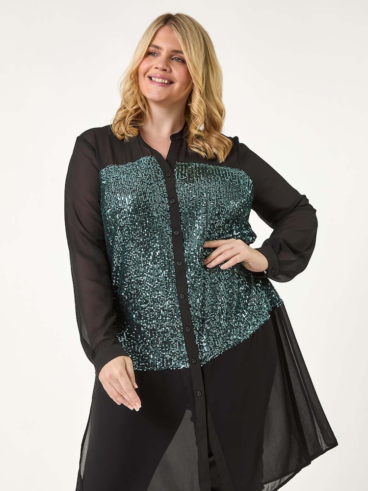 Roman Green Curve Sequin V-Neck Chiffon Blouse - Image 2 of 5