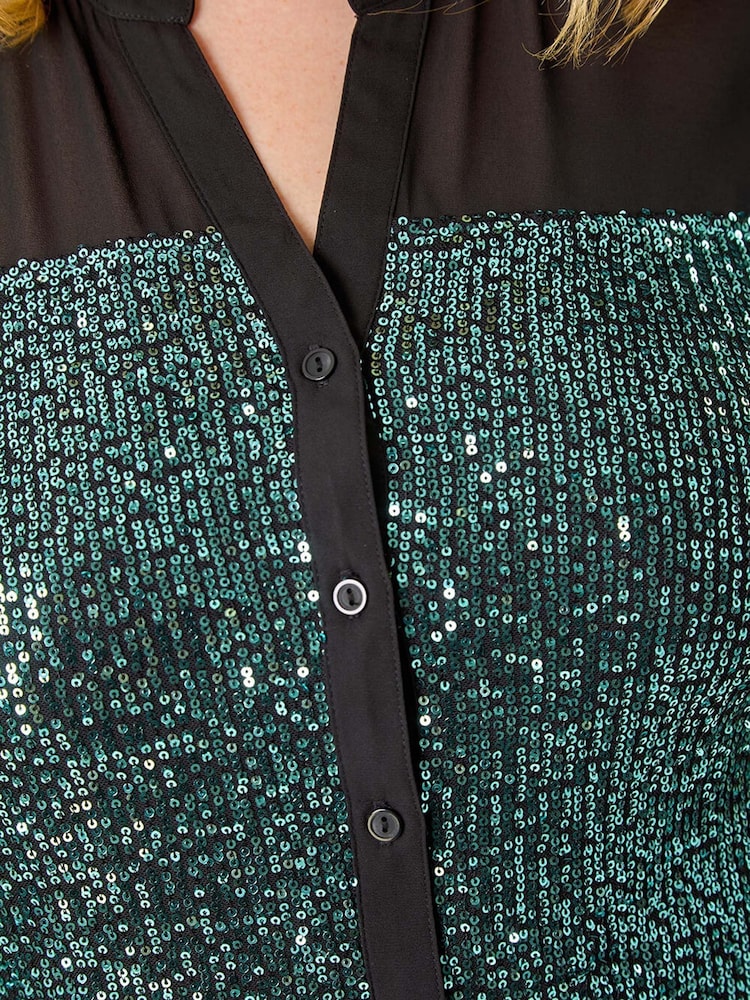 Roman Green Curve Sequin V-Neck Chiffon Blouse - Image 5 of 5
