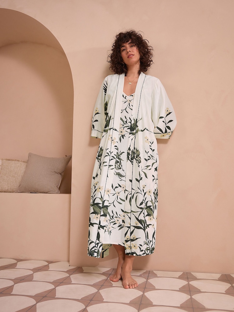Black/White Heron Linen Blend Lightweight Dressing Gown - Image 2 of 11