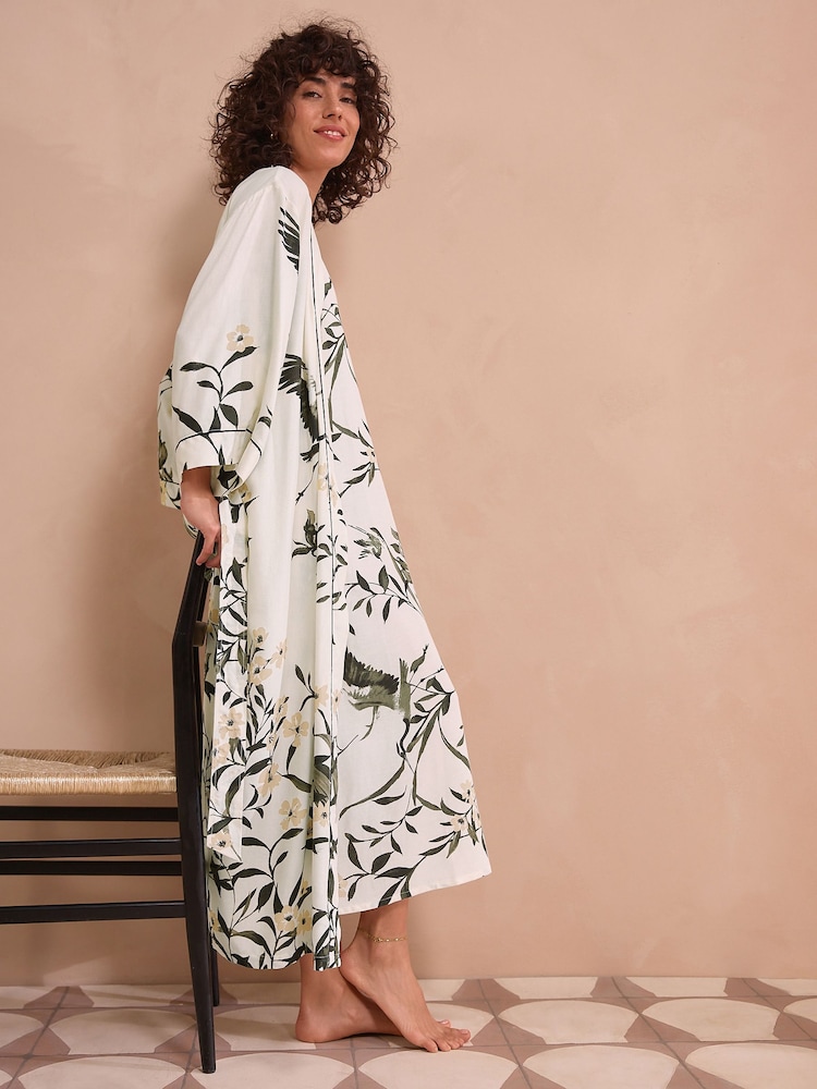 Black/White Heron Linen Blend Lightweight Dressing Gown - Image 3 of 11