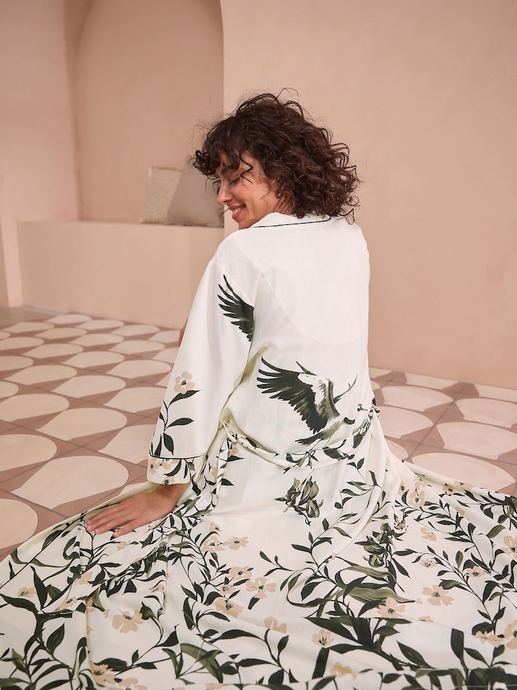 Black/White Heron Linen Blend Lightweight Dressing Gown - Image 4 of 11