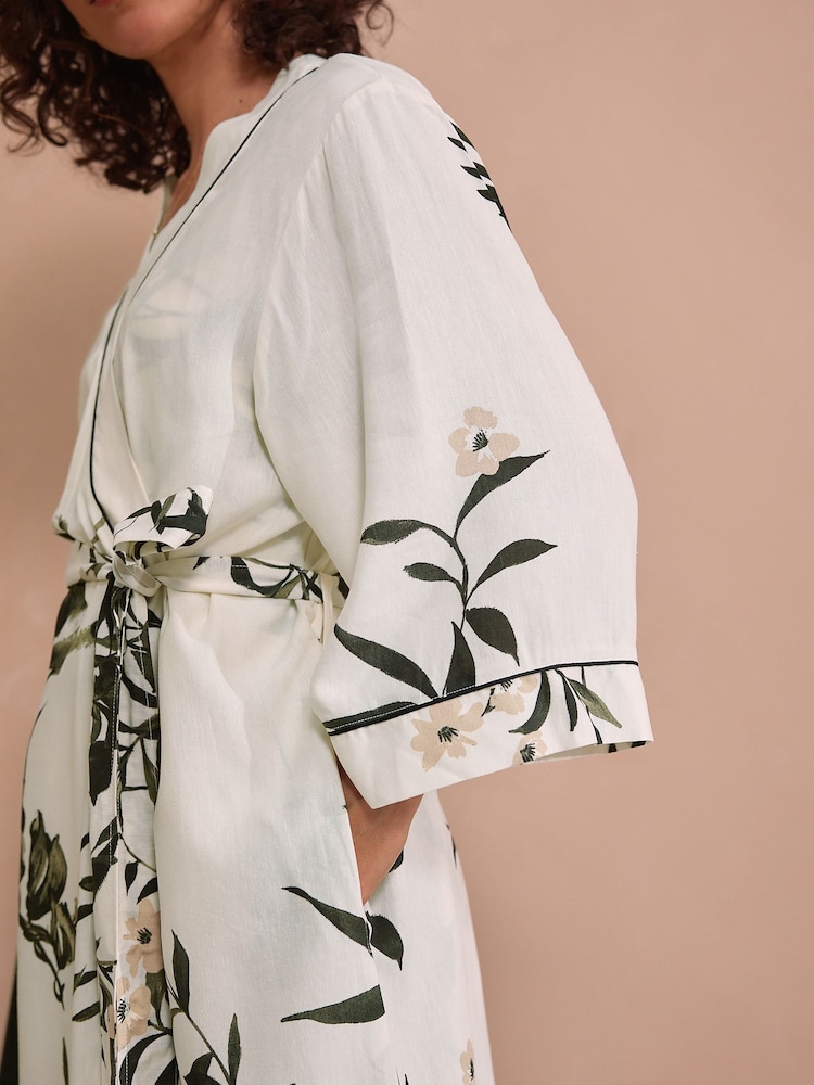 Black/White Heron Linen Blend Lightweight Dressing Gown - Image 6 of 11