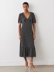 Finery Black Loretta Polka Dot Chiffon Midi Dress - Image 1 of 4