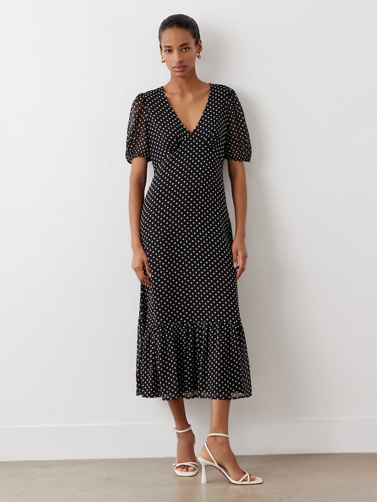 Finery Black Loretta Polka Dot Chiffon Midi Dress - Image 1 of 4 Finery Black Loretta Polka Dot Chiffon Midi Dress - Image 1 of 4