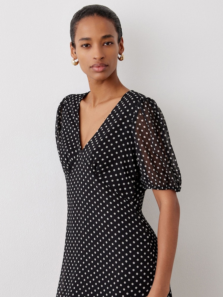 Finery Black Loretta Polka Dot Chiffon Midi Dress - Image 4 of 4