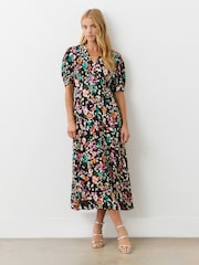 Finery Black Colette Leopard Print Crepe Midi Tea Dress - Image 1 of 4
