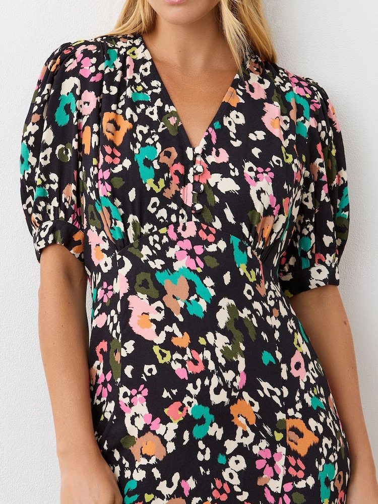 Finery Black Colette Leopard Print Crepe Midi Tea Dress - Image 4 of 4