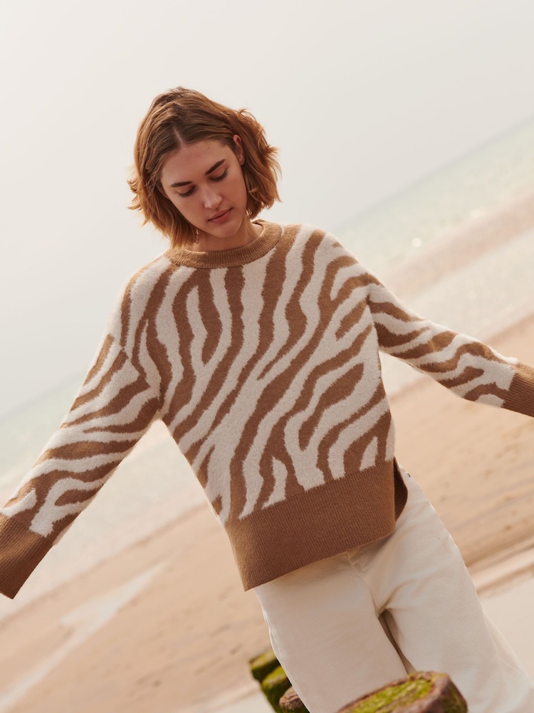 Finery Nude Tully Tan Zebra Knitted Jumper - Image 1 of 5