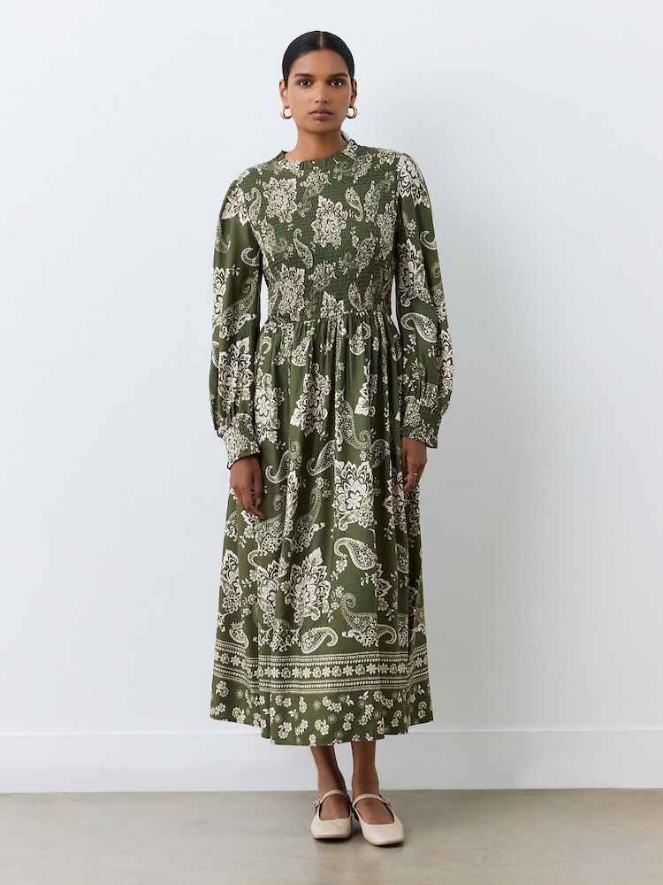 Finery Green Jovie Crew Neck Long Sleeve Midi Dress - Image 1 of 4