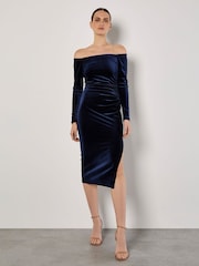 Apricot Blue Bardot Velvet Midi Dress - Image 1 of 5