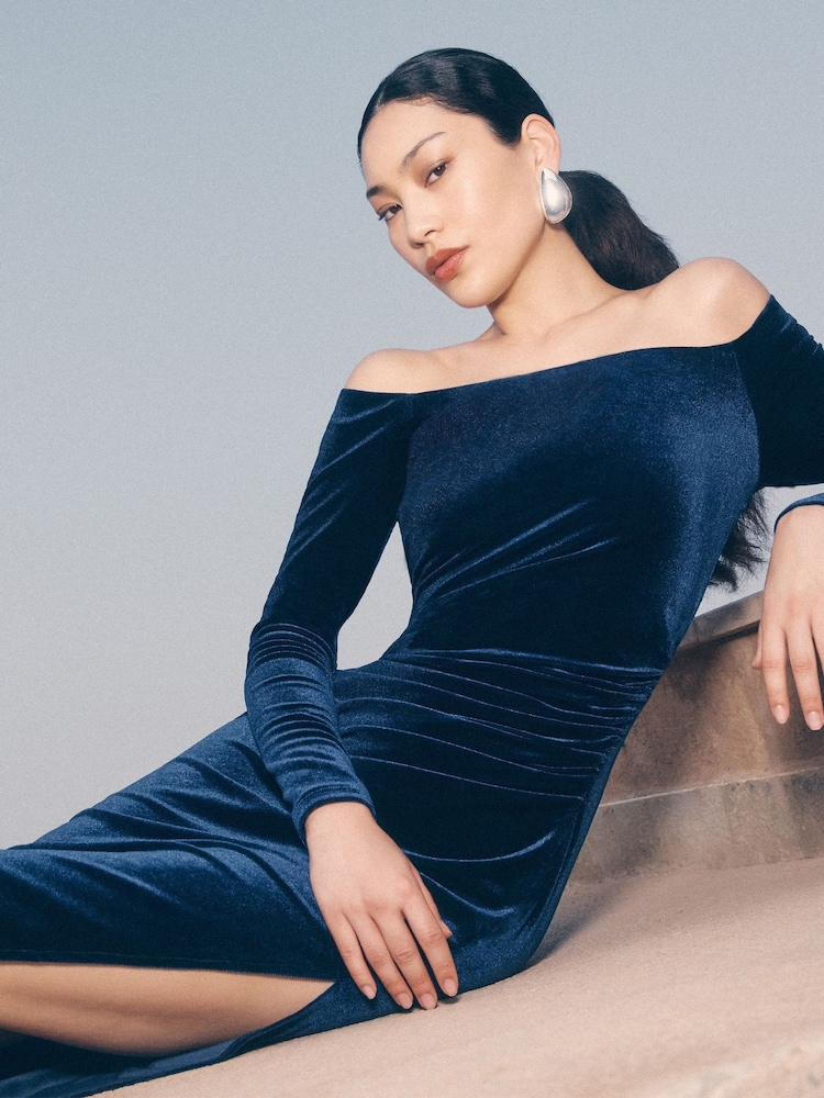 Apricot Blue Bardot Velvet Midi Dress - Image 2 of 5 Apricot Blue Bardot Velvet Midi Dress - Image 2 of 5