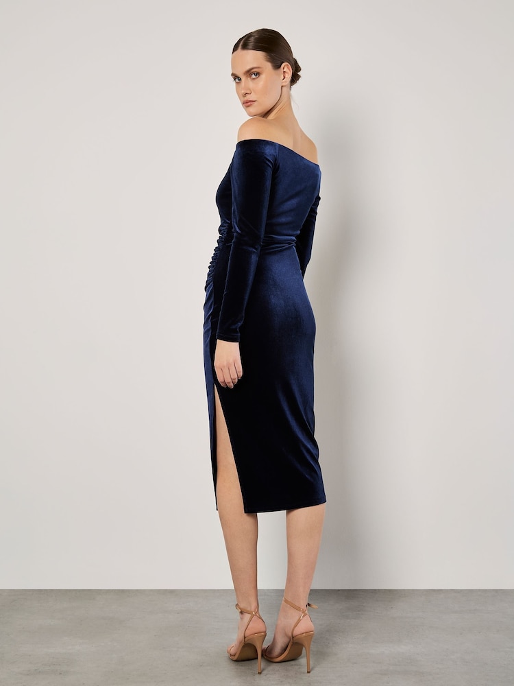 Apricot Blue Bardot Velvet Midi Dress - Image 5 of 5