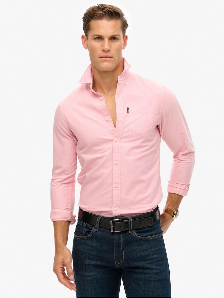 Superdry Pink 100% Cotton Essentials Oxford Shirt - Image 2 of 6 Superdry Pink 100% Cotton Essentials Oxford Shirt - Image 2 of 6
