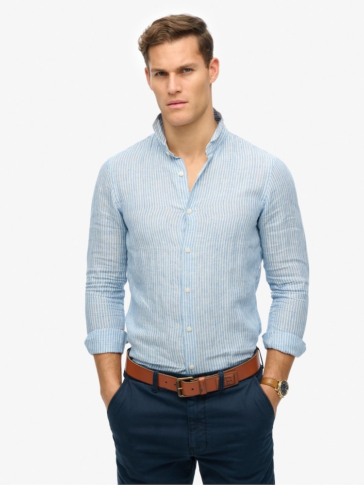Superdry Blue Chrome Vacation Long Sleeve 100% Linen Shirt - Image 1 of 5