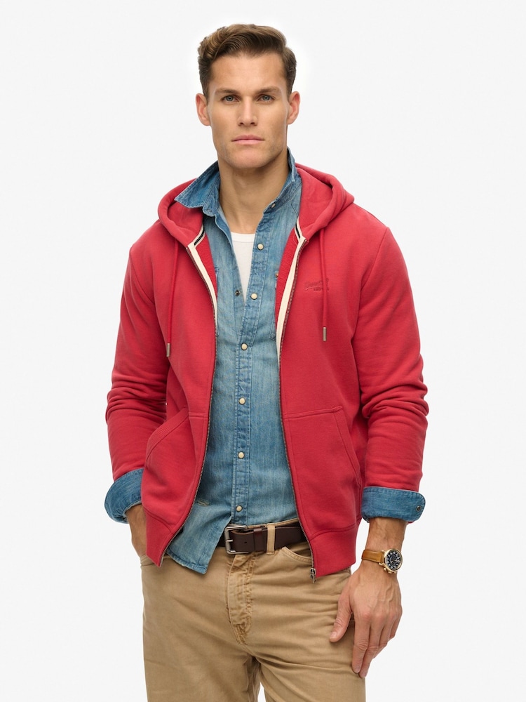 Superdry Red Essential Logo Slim Fit Zip Hoodie - Image 2 of 6