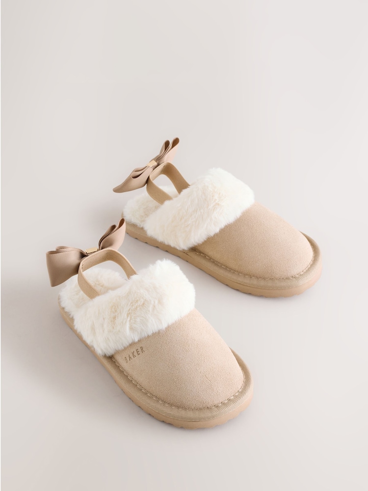 Baker by Ted Baker Girls Suede Faux Fur Mule Slippers with Bow - Image 1 of 5