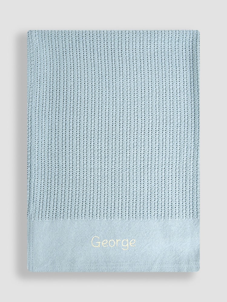 JoJo Maman Bébé Personalised Blue Woven Cellular Blanket - Image 1 of 3 JoJo Maman Bébé Personalised Blue Woven Cellular Blanket - Image 1 of 3