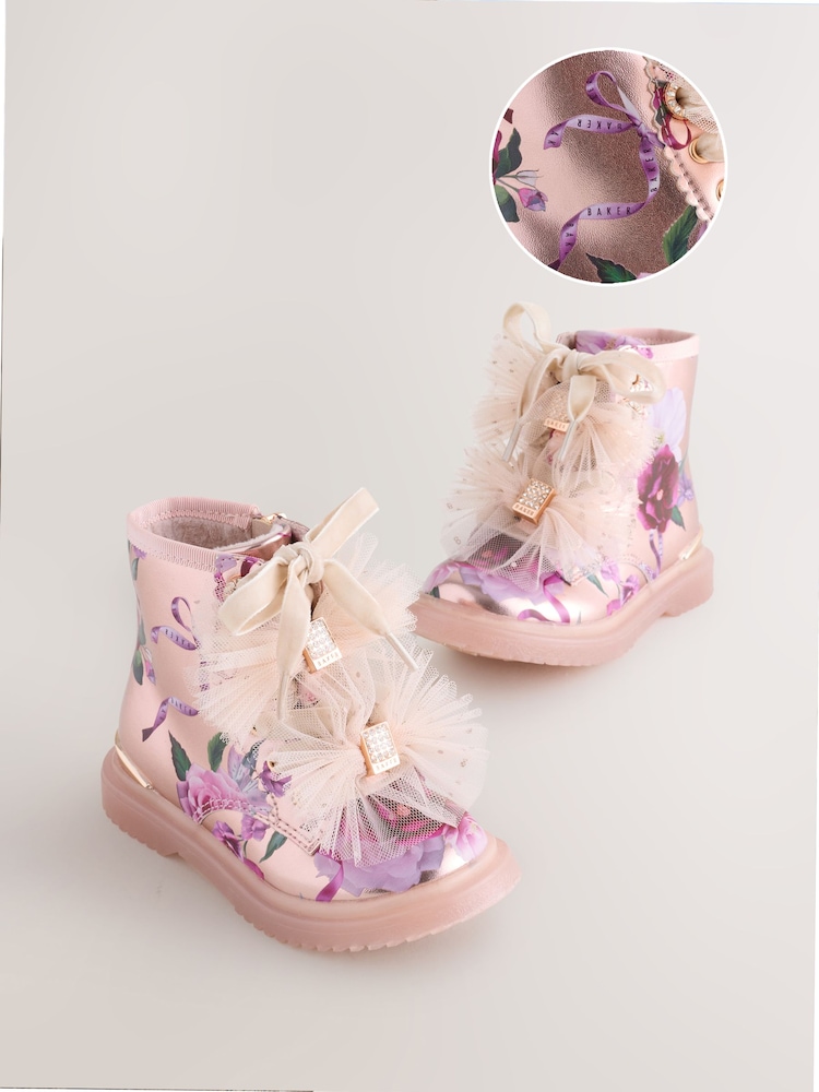 Baker by Ted Baker Girls Floral Print Lace Up Boots with Bow - Image 1 of 6