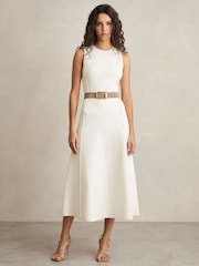 Reiss Ivory Nilo Petite Seam Detail Knitted Midi Dress - Image 1 of 6
