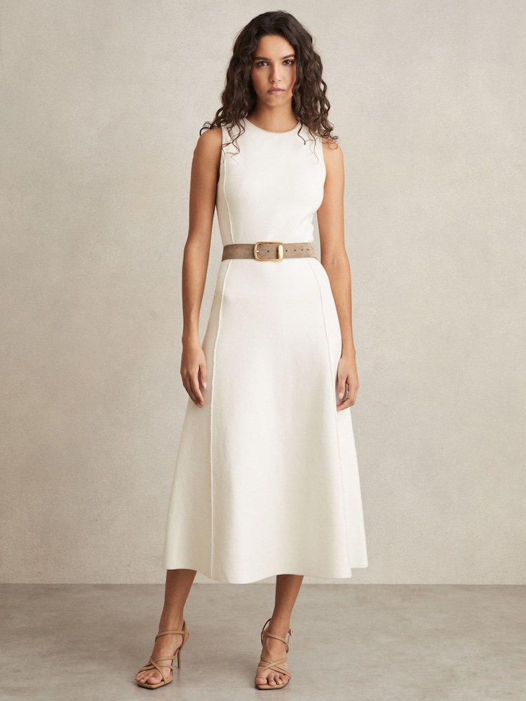 Reiss Ivory Nilo Petite Seam Detail Knitted Midi Dress - Image 1 of 6