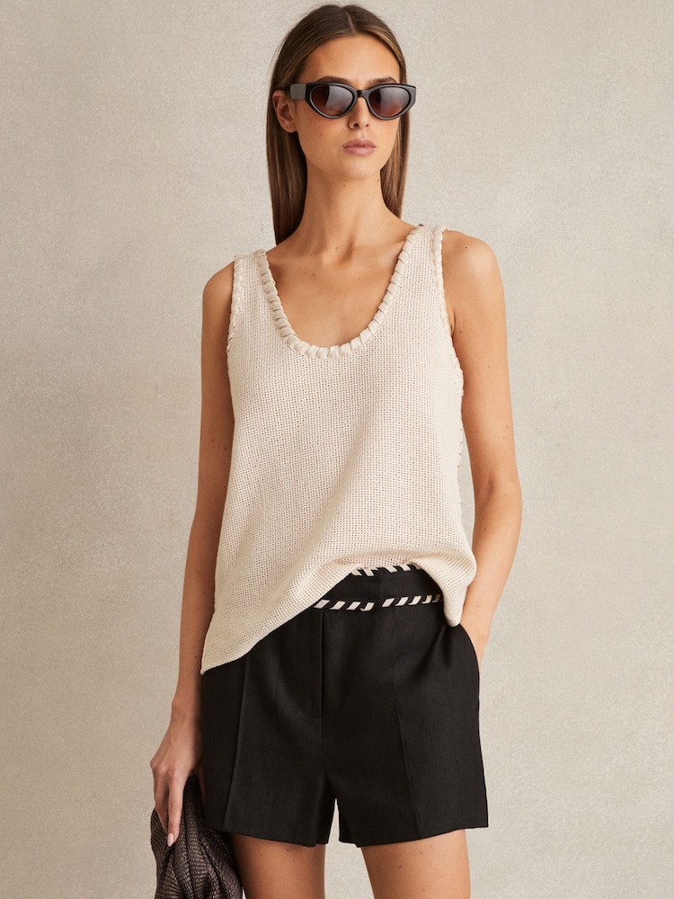 Reiss Black Fawn Linen Whipstitch Shorts - Image 1 of 6