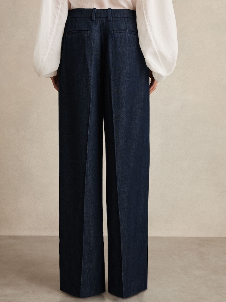 Reiss Dark Blue Reed Denim-Look Wide-Leg Trousers - Image 5 of 6