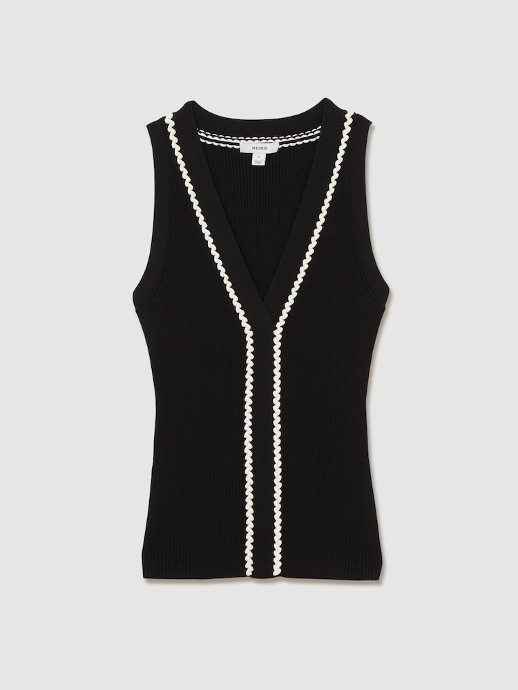 Reiss Black/White Lanette Ribbed Knit Craft Stitch Vest Top - Image 2 of 7