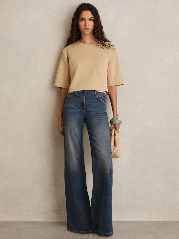 Reiss Sand Alex Stretch-Cotton Cropped T-Shirt - Image 1 of 5