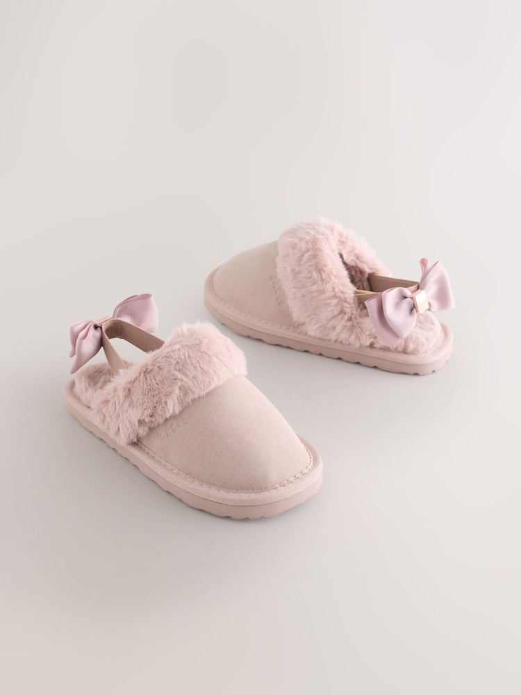 Baker by Ted Baker Girls Suede Faux Fur Mule Slippers with Bow - Image 1 of 5