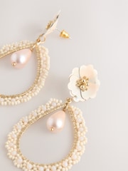 White Flower Pearl Effect Drop Earrings - Image 2 of 3