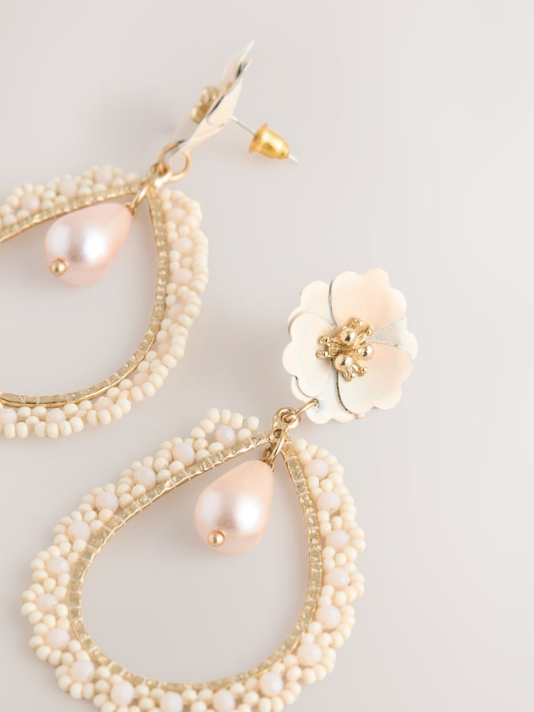 White Flower Pearl Effect Drop Earrings - Image 2 of 3