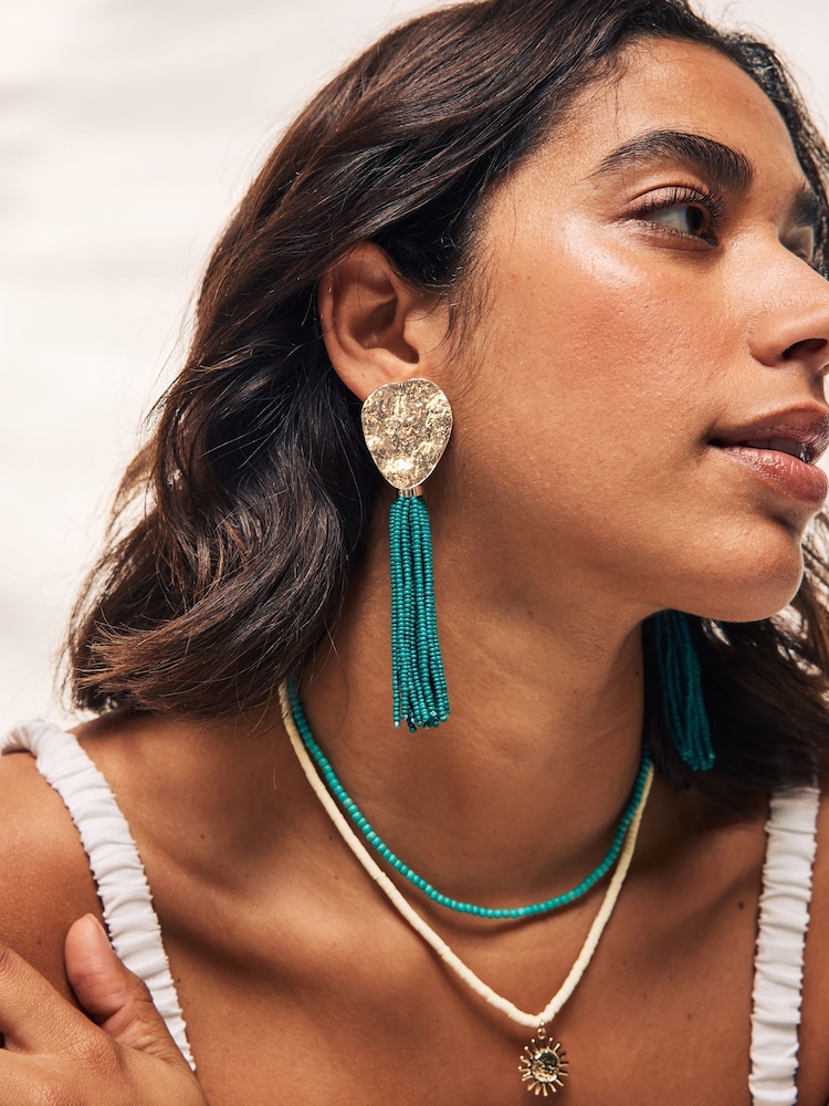 Turquoise Blue Beaded Drop Earrings - Image 2 of 5