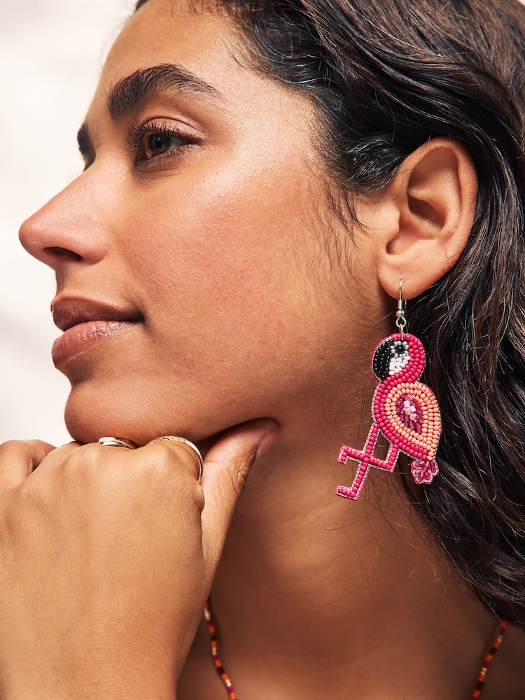 Pink - Beaded Flamingo Drop Earrings - Bild 1 von 5