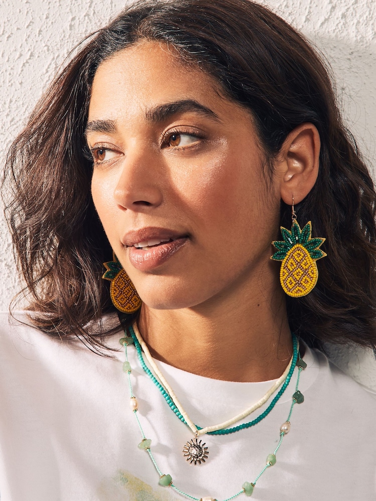 Yellow Beaded Pineapple Drop Earrings - Image 2 of 5