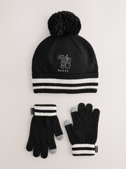 Baker by Ted Baker Boys Varsity Logo Pom Black Beanie and Gloves Set - Image 1 of 7