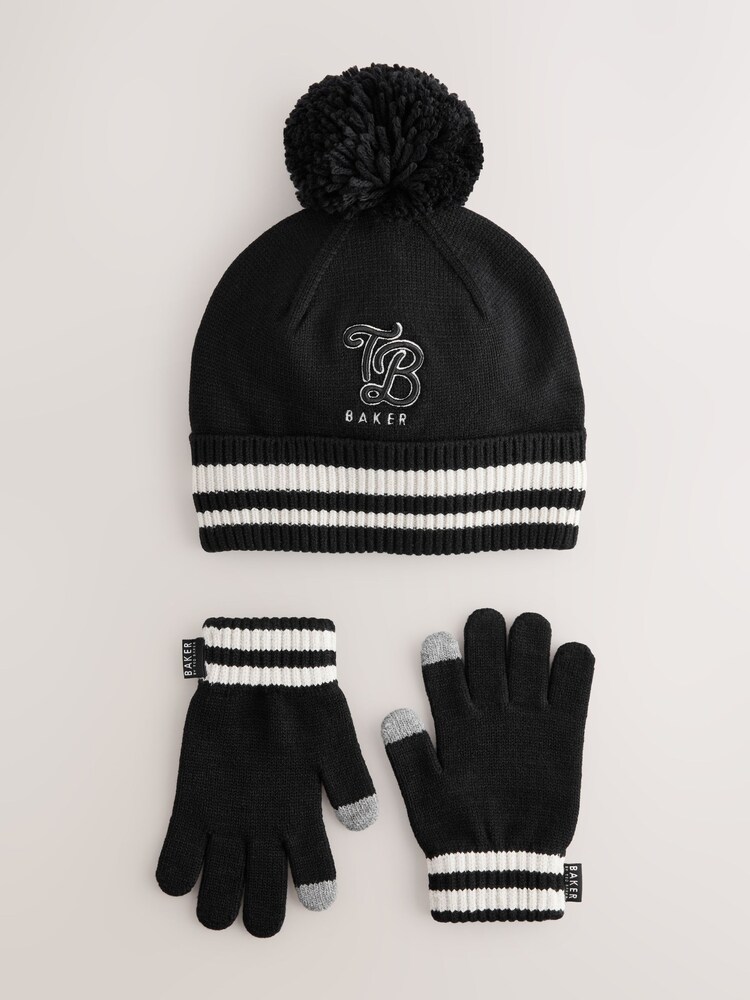 Baker by Ted Baker Boys Varsity Logo Pom Black Beanie and Gloves Set - Image 1 of 7