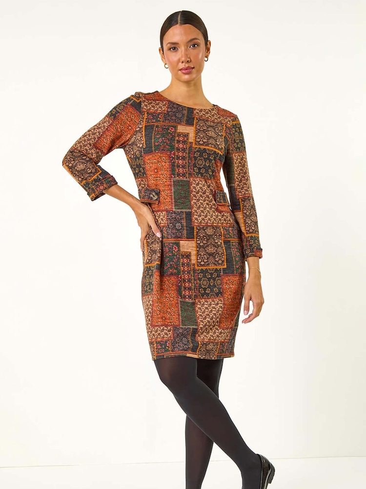 Roman Orange Patchwork Print Shift Stretch Dress - Image 1 of 6
