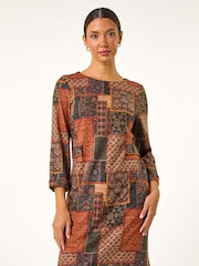 Roman Orange Patchwork Print Shift Stretch Dress - Image 3 of 6