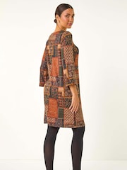 Roman Orange Patchwork Print Shift Stretch Dress - Image 4 of 6