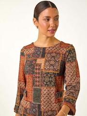 Roman Orange Patchwork Print Shift Stretch Dress - Image 5 of 6
