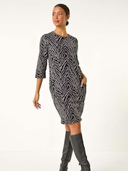 Roman Grey Animal Print Pocket Shift Stretch Dress - Image 1 of 6