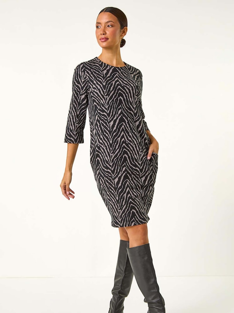 Roman Grey Animal Print Pocket Shift Stretch Dress - Image 1 of 6
