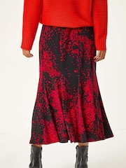 Roman Red Abstract Print Asymmetric Stretch Skirt - Image 4 of 6