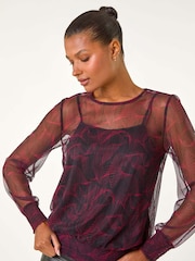 Roman Red Abstract Print Plisse Shirred Hem Top - Image 1 of 6