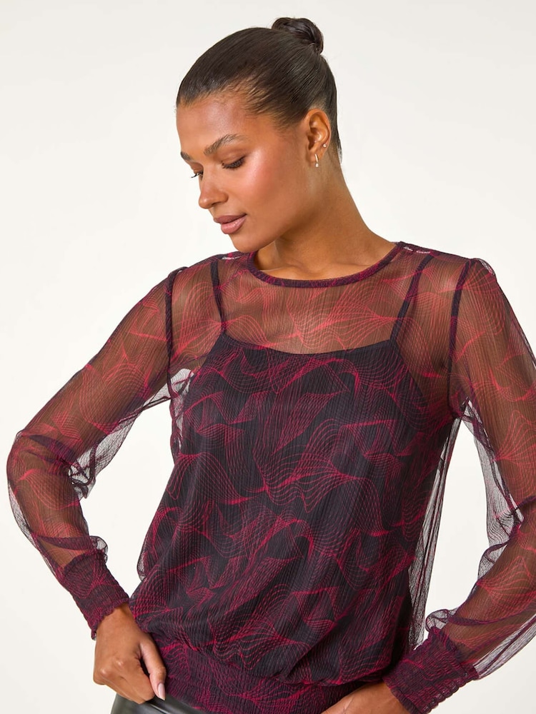 Roman Red Abstract Print Plisse Shirred Hem Top - Image 1 of 6 Roman Red Abstract Print Plisse Shirred Hem Top - Image 1 of 6