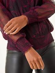 Roman Red Abstract Print Plisse Shirred Hem Top - Image 6 of 6
