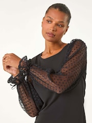 Roman Black Flock Spot Sleeve Stretch Tunic Top - Image 1 of 5