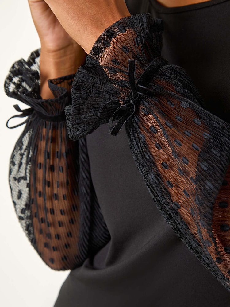 Roman Black Flock Spot Sleeve Stretch Tunic Top - Image 5 of 5