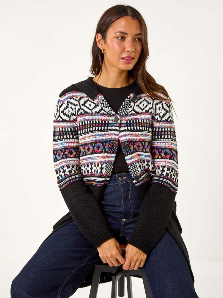 Roman Black Pattern Hooded Knit Cardigan - Image 2 of 5